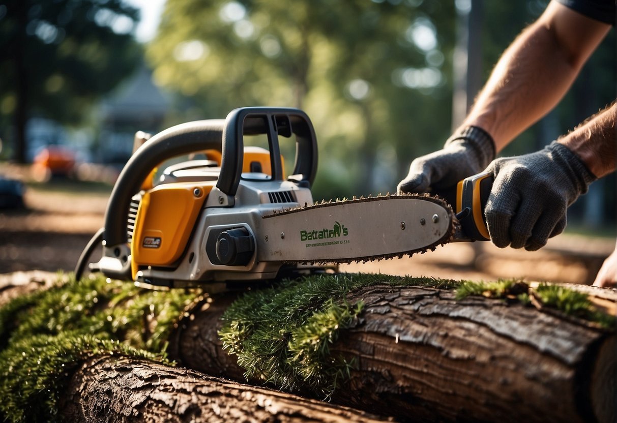 A tree being cut down by a professional with equipment, surrounded by a residential or natural setting