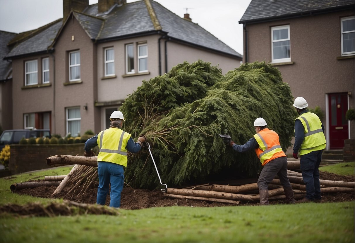 A tree being removed from a residential property in Ireland, with workers and equipment present, indicating additional services and charges