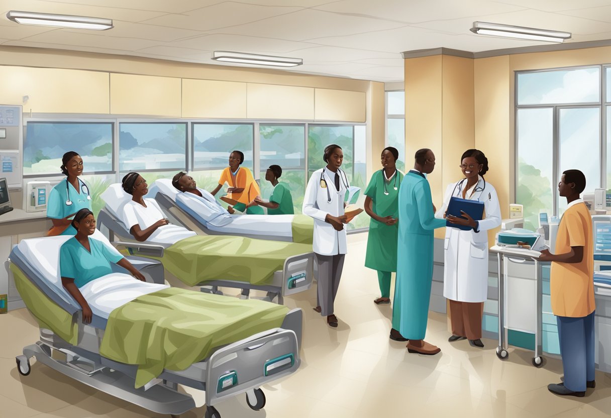 A bustling hospital in Kenya with patients receiving care, while insurance representatives discuss coverage. A medical tourism brochure showcases the country's advanced healthcare facilities