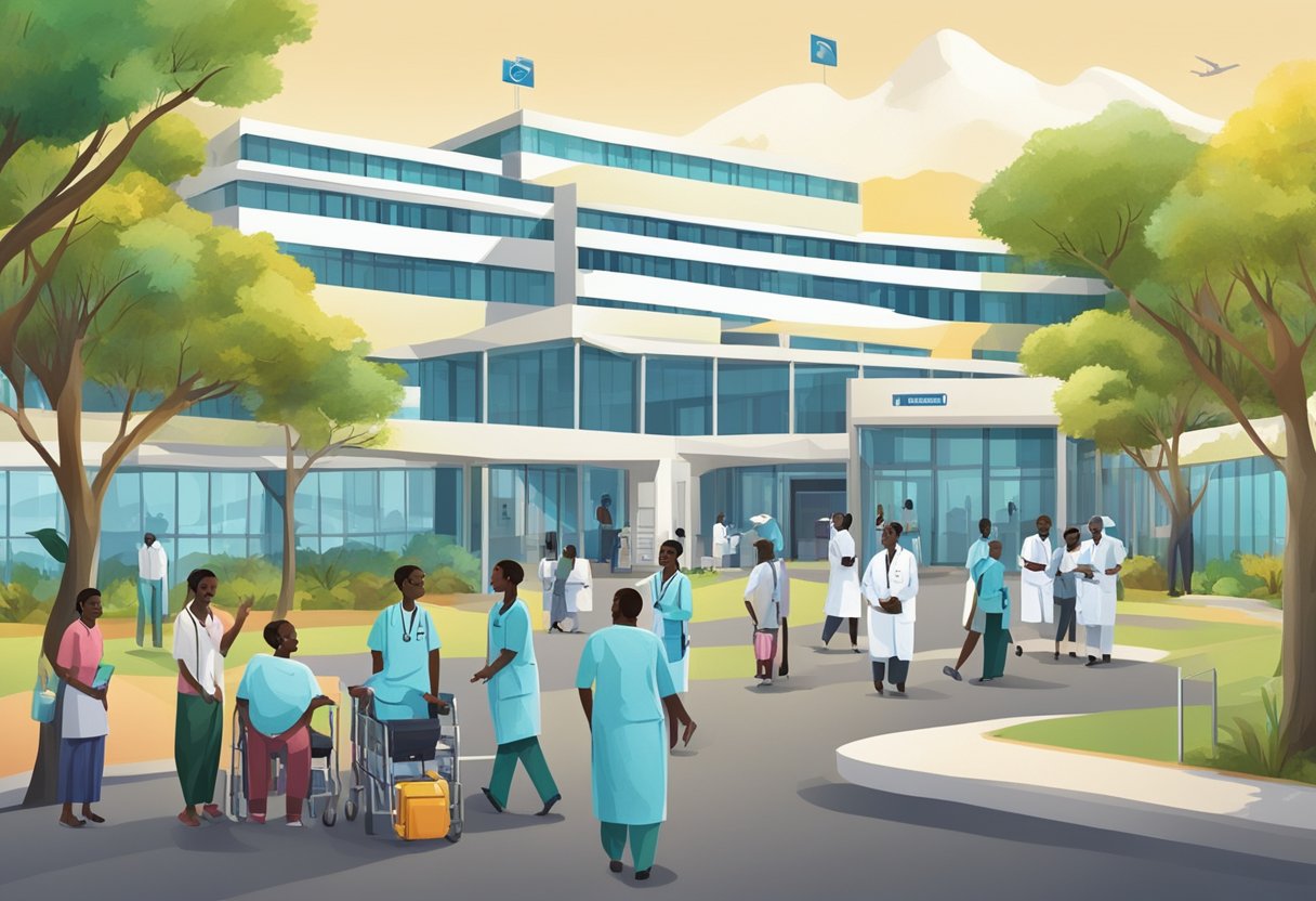 A bustling hospital in Kenya with patients and staff, surrounded by vibrant landscapes and modern medical facilities