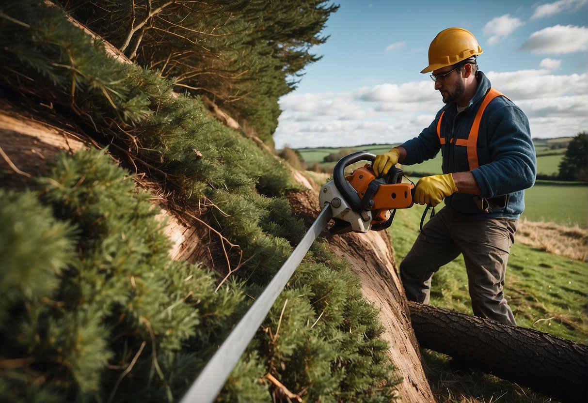 A tree being cut down by a professional with safety gear in an Irish landscape