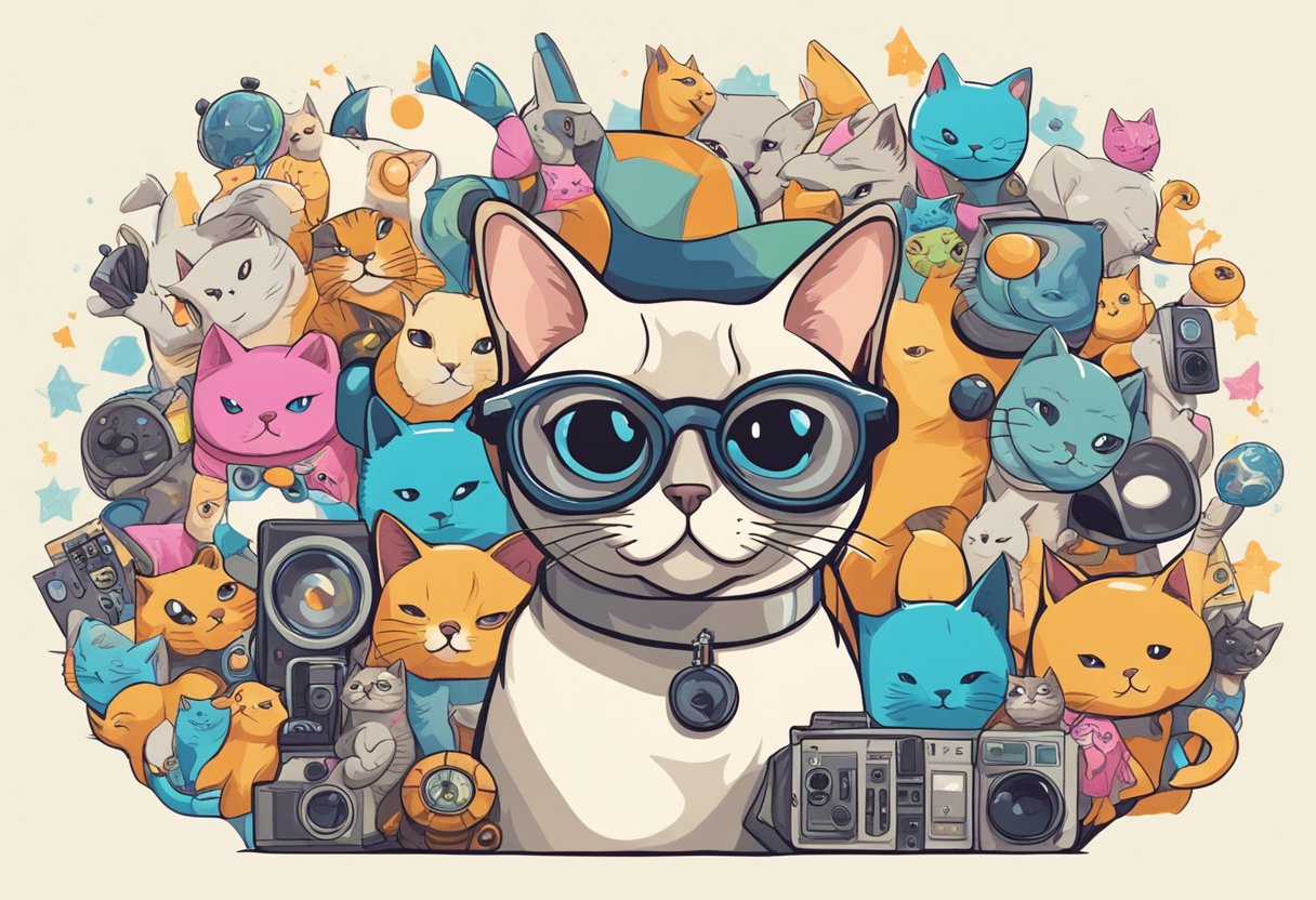 A bald Siamese cat surrounded by pop culture icons