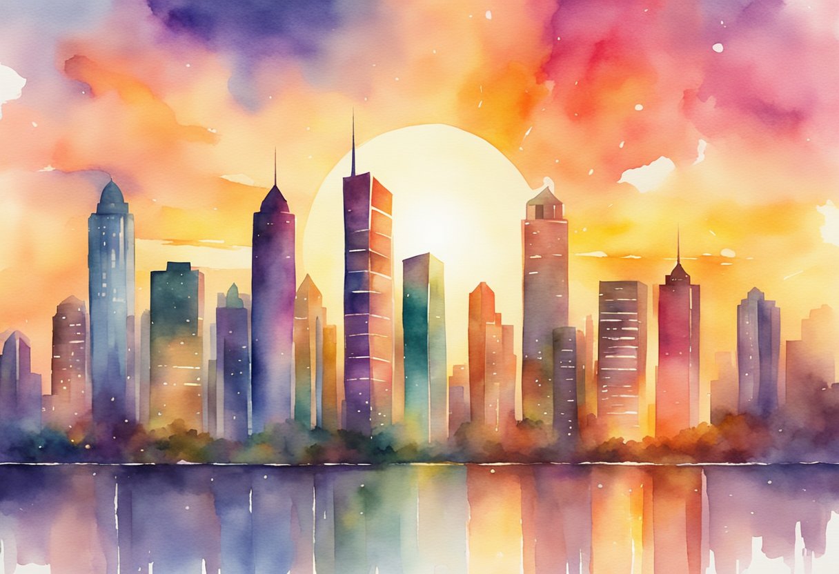 A vibrant city skyline with a glowing sun setting behind skyscrapers, symbolizing growth and achievement