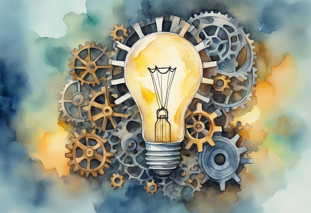 A lightbulb glowing above a tangled web of interconnected gears and cogs, symbolizing the genesis of great ideas and innovation