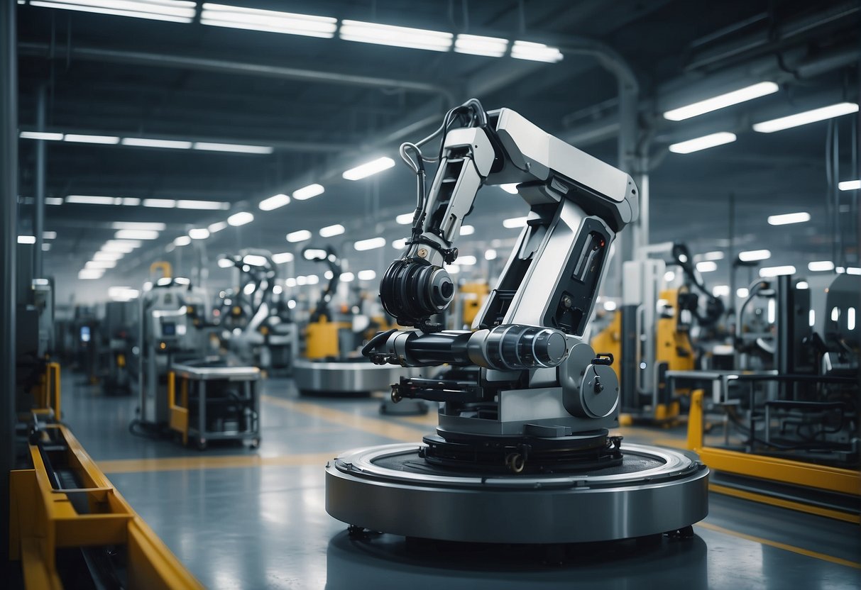 A futuristic factory with advanced machinery and robotic arms assembling products. Bright lights and sleek designs convey innovation and progress