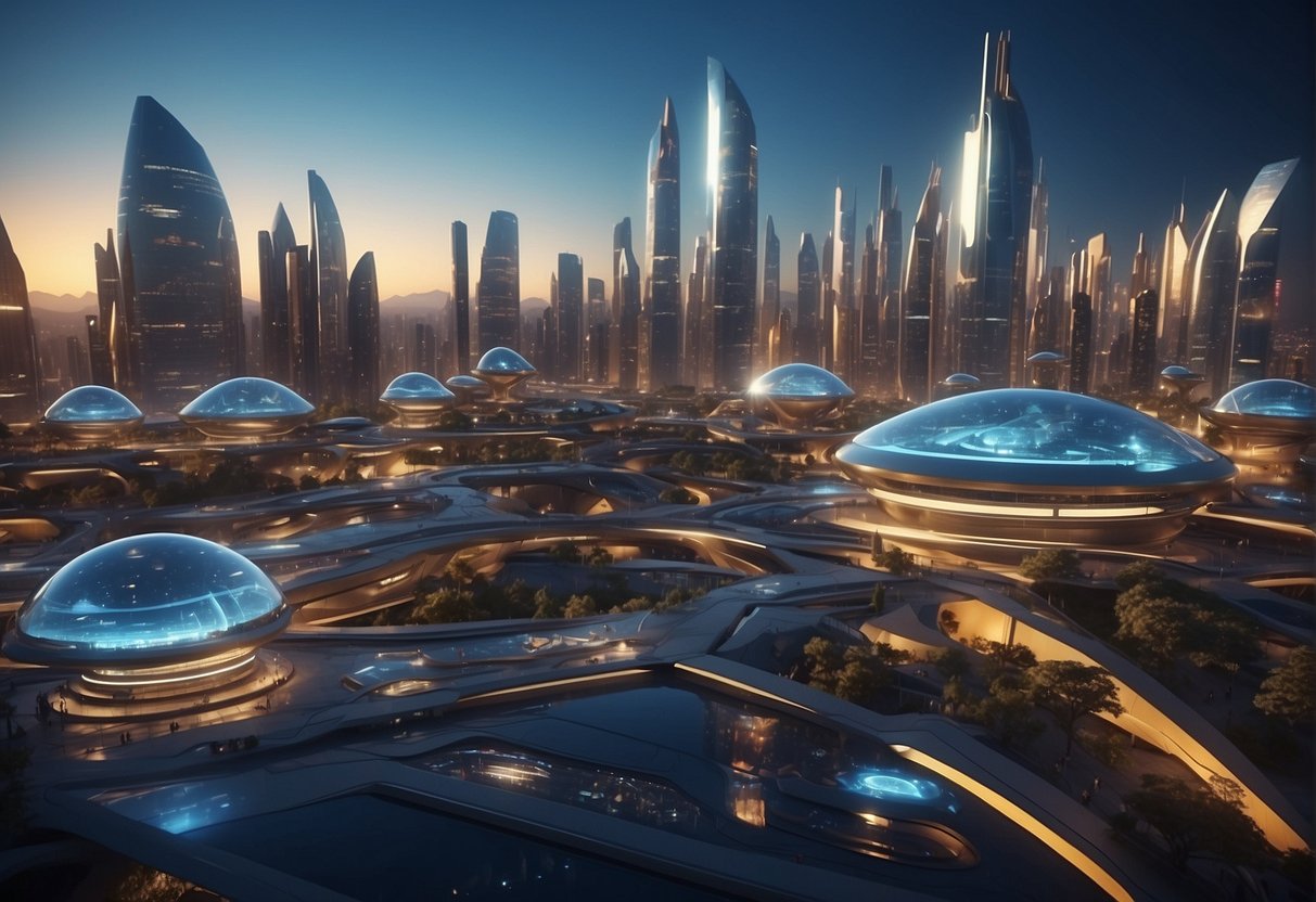 A futuristic cityscape with holographic displays and immersive technology installations