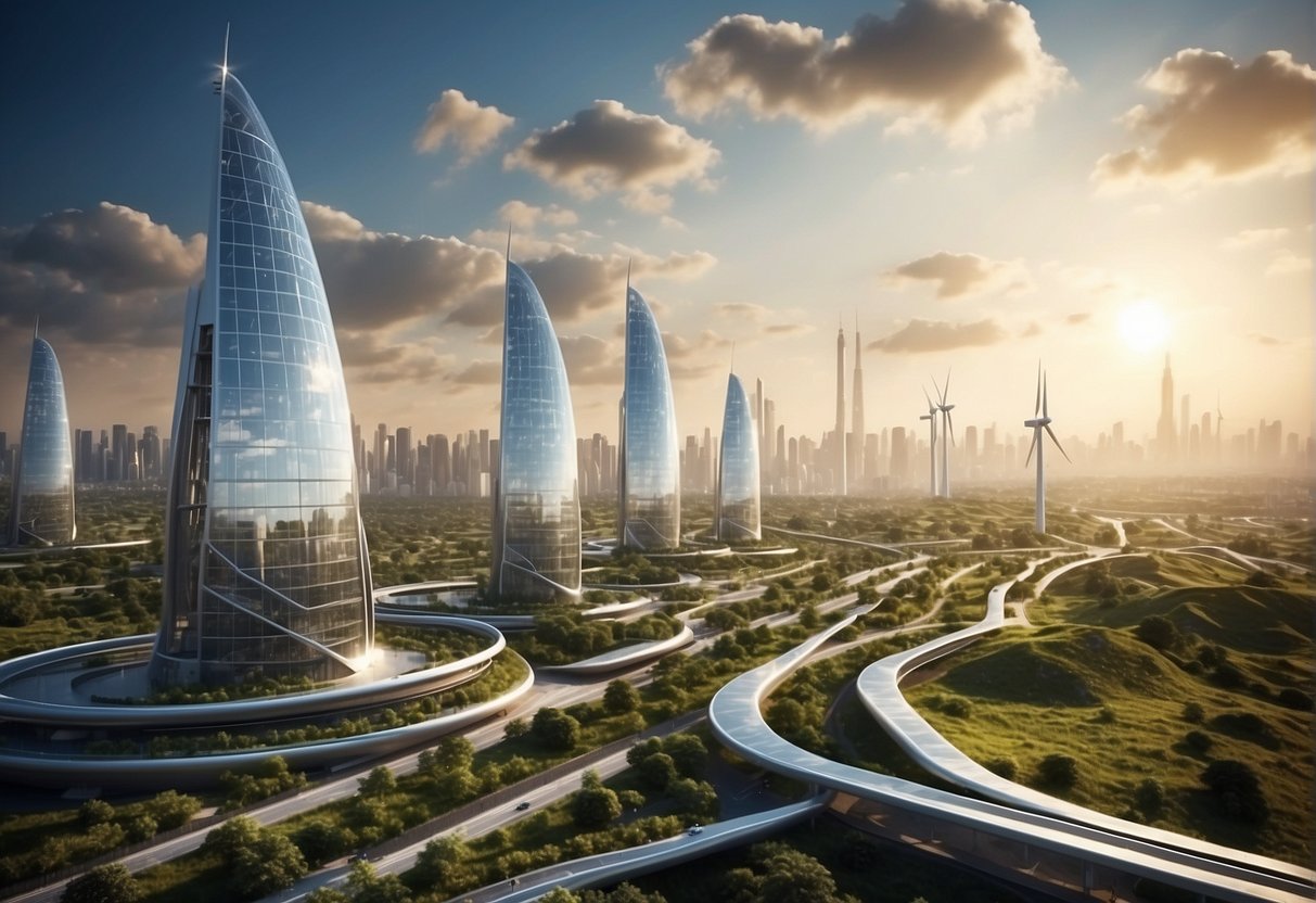 A futuristic city skyline with renewable energy sources, such as wind turbines and solar panels, integrated into the architecture. Bright, clean, and sustainable