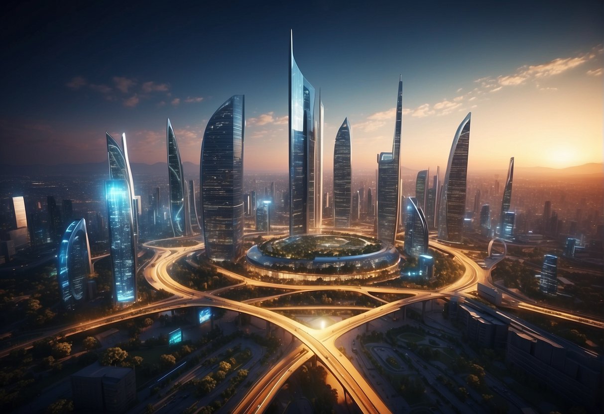 A digital cityscape with futuristic buildings and advanced technology, showcasing the impact of digital economy and new business models on the world