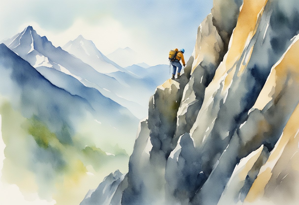 A mountain climber reaching the summit, overcoming obstacles with determination and perseverance