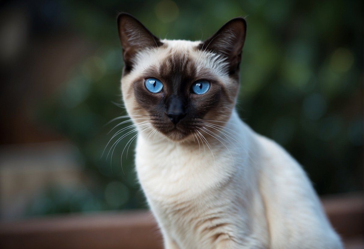 A Siamese cat with a sleek, slender body and striking blue eyes, appears to be in discomfort, holding its head low and squinting, indicative of potential health issues