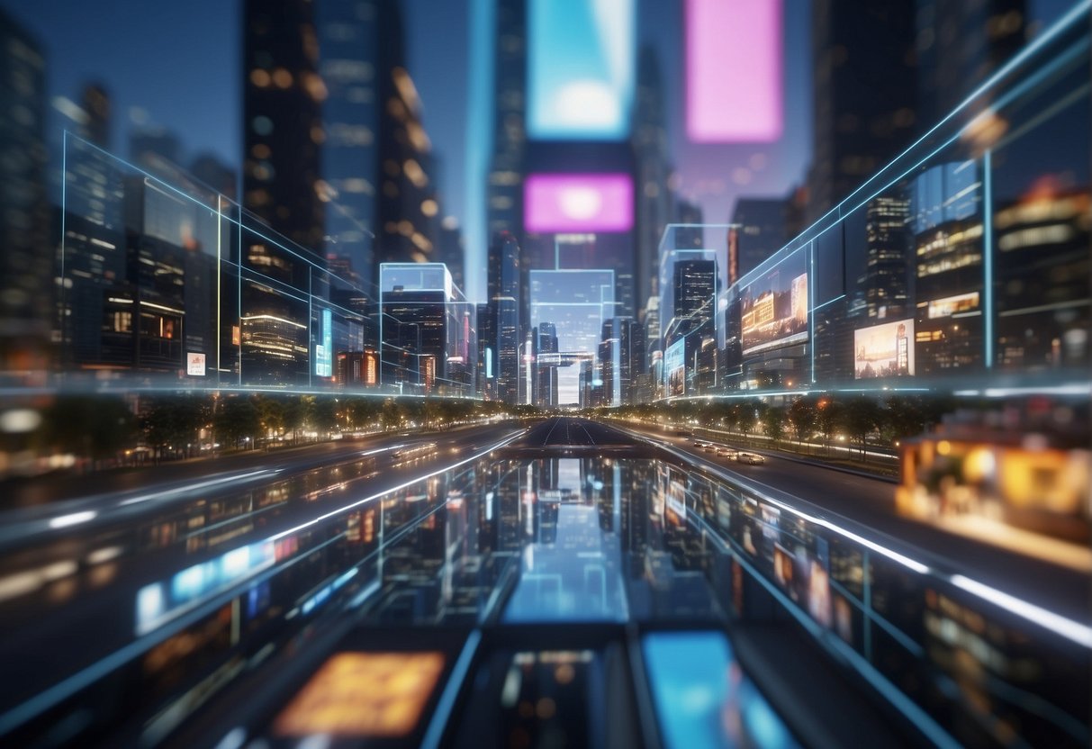 A futuristic cityscape with holographic billboards, drones, and advanced digital devices. A virtual reality world blending with the physical environment