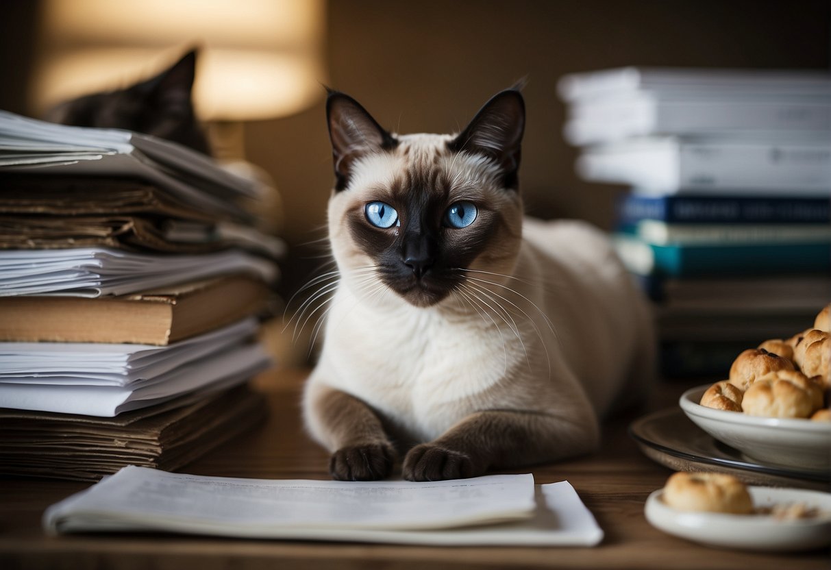 A Siamese cat with crossed blue eyes and a slender body, lying next to a pile of medical records and surrounded by empty food bowls