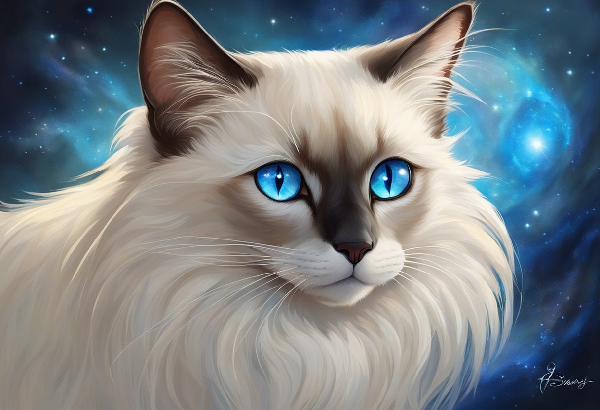 A Siamese cat's striking blue eyes gaze intensely, with dilated pupils, against a backdrop of creamy fur and dark facial markings