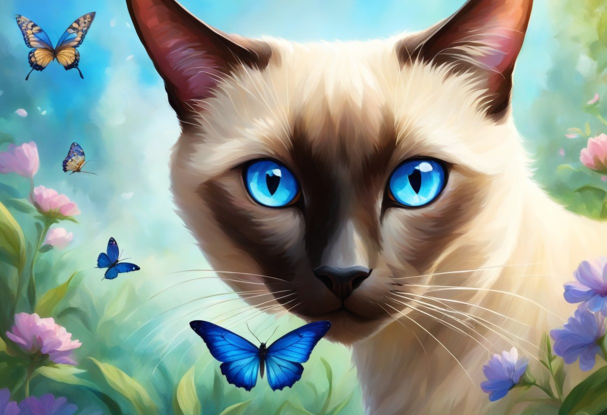 A Siamese cat with striking blue eyes gazes intensely at a fluttering butterfly in a sunlit garden