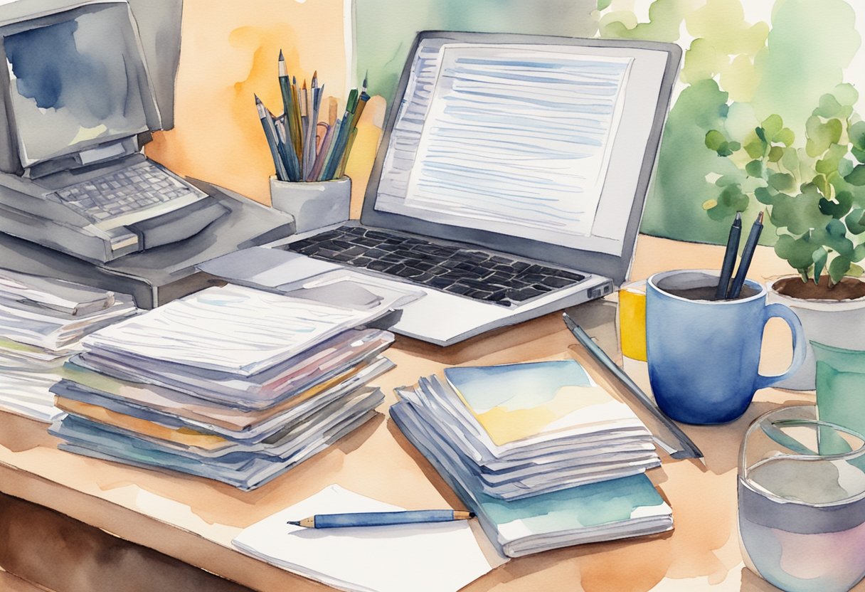 A stack of magazines with "freelance submissions accepted" on the cover. A desk cluttered with writing supplies and a laptop. A person typing at the computer