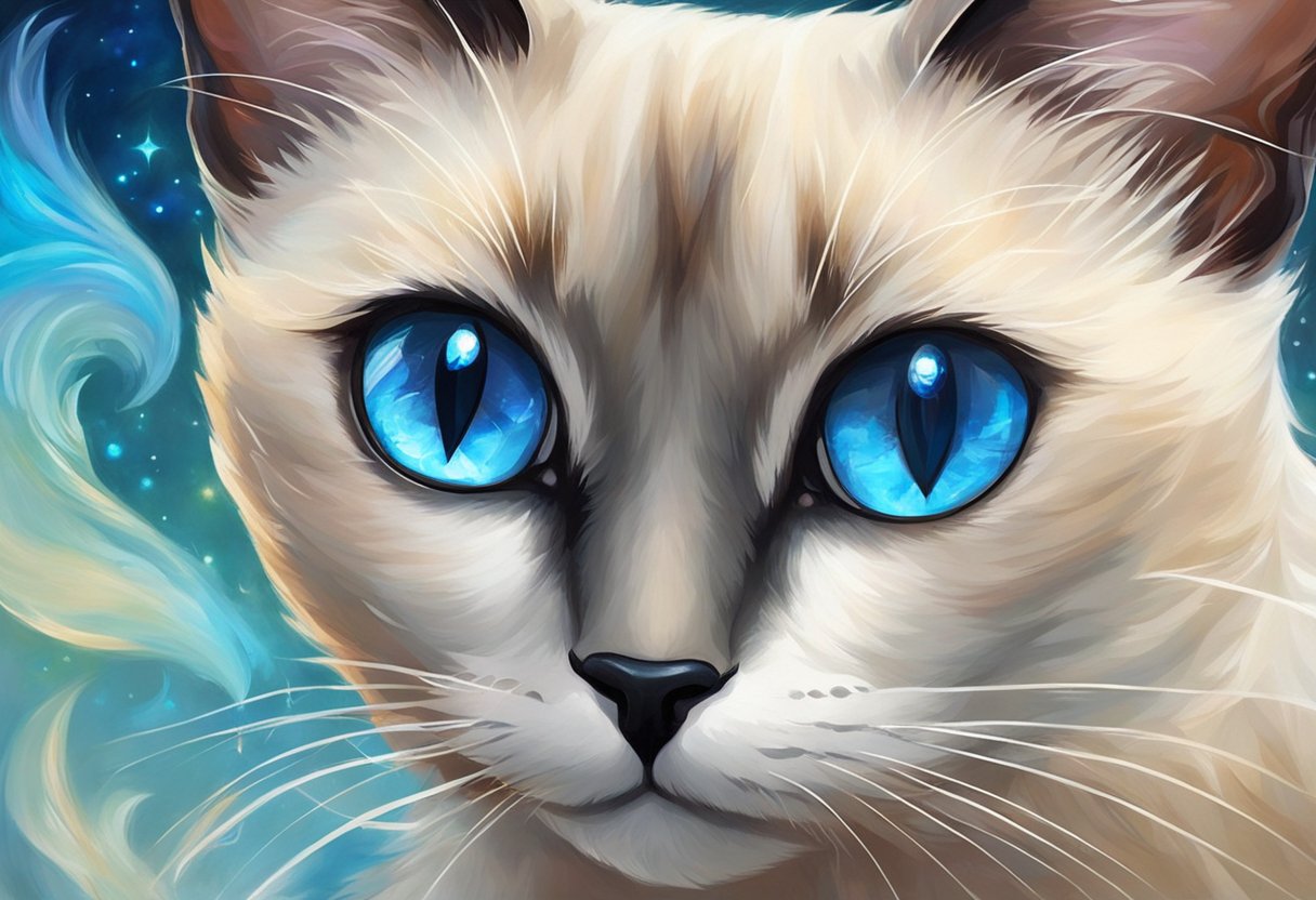 A Siamese cat with piercing blue eyes gazes intensely, conveying curiosity and intelligence through its expressive eyes