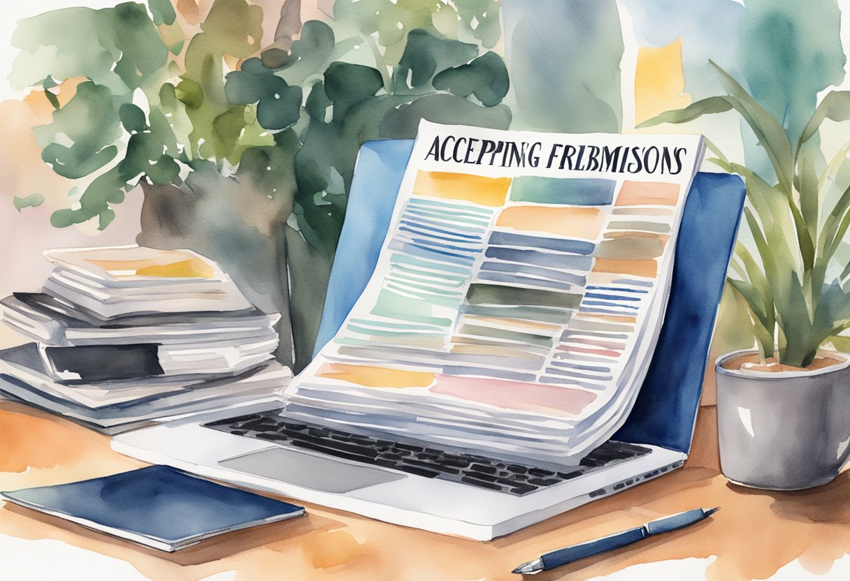 A stack of magazines with "Accepting Freelance Submissions" on the cover. A laptop open to submission guidelines. An editor's desk cluttered with manuscripts