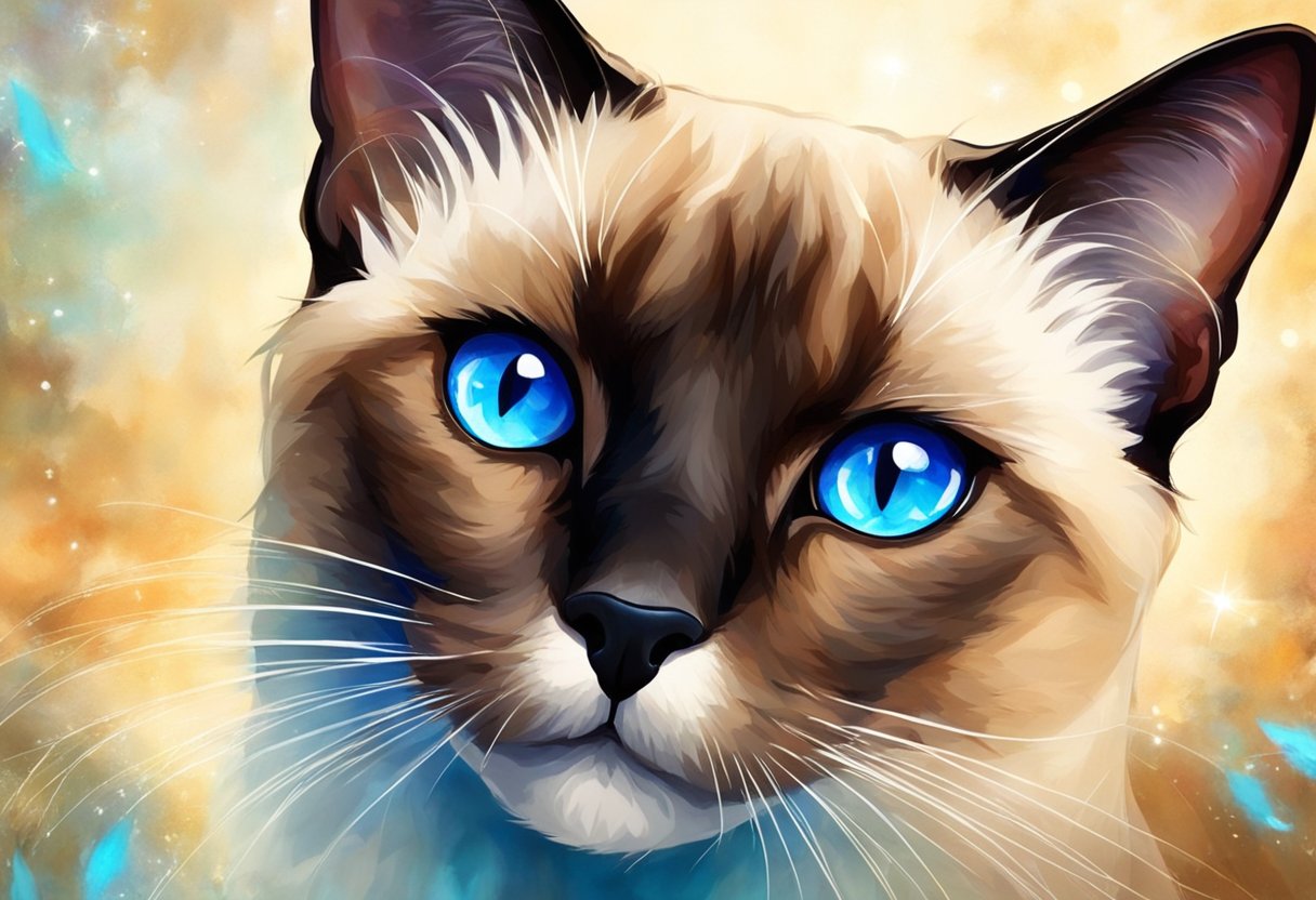A Siamese cat gazes with piercing blue eyes, torn between beauty and health. The eyes sparkle with a captivating allure, yet also show signs of fatigue and strain