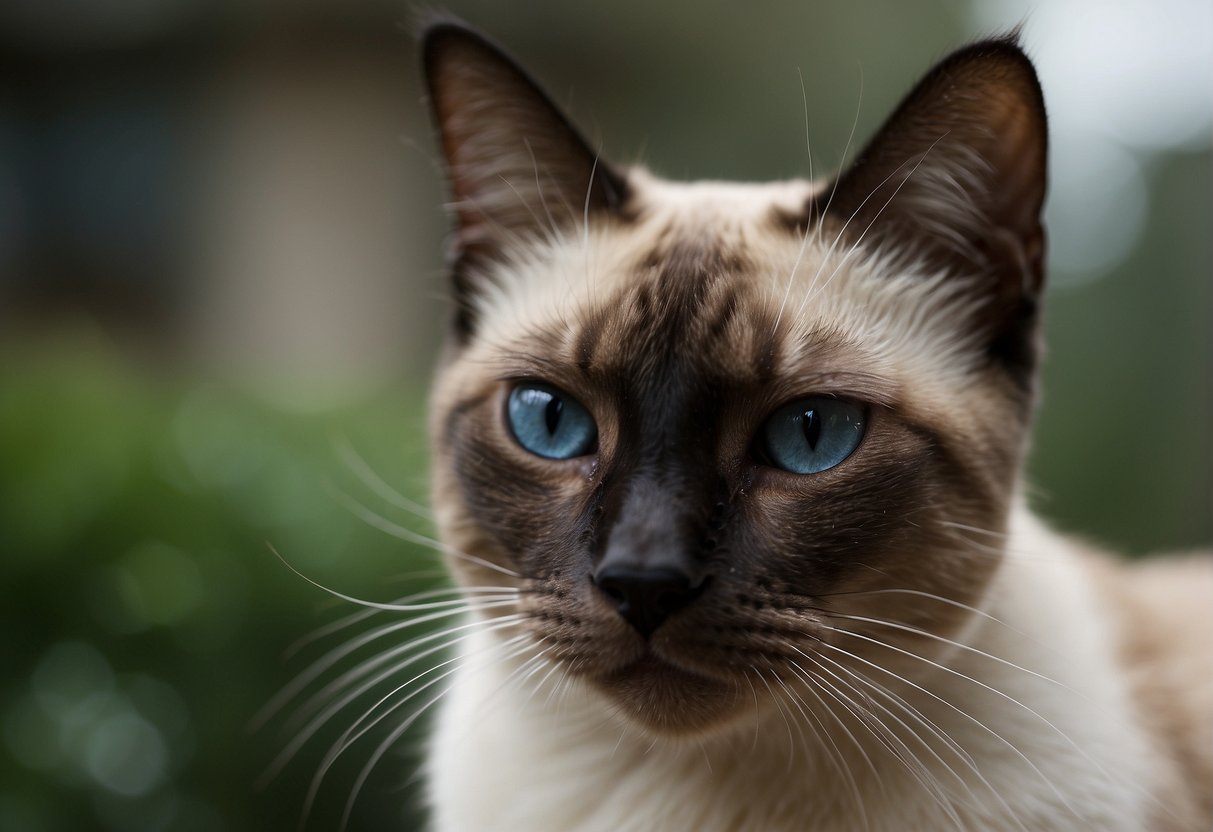 A Siamese cat scratches at its ears, shakes its head, and squints in discomfort, indicating possible neurological nuisances and health issues