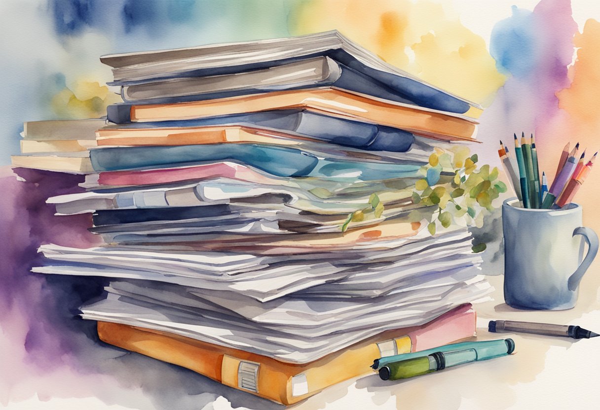 A stack of magazines with various genres and topics scattered on a table, surrounded by scattered pens and notebooks