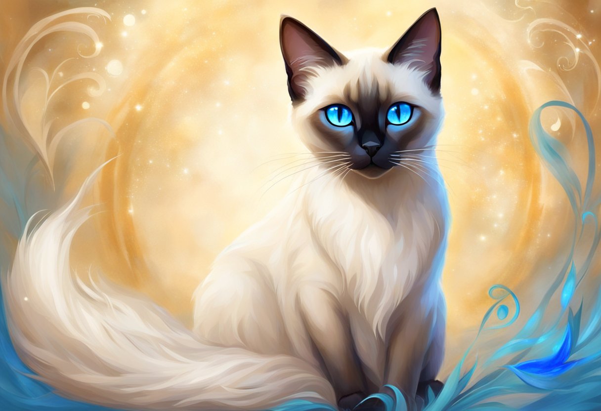 A Siamese cat with striking blue eyes sits gracefully, its slender body draped in sleek, cream-colored fur. The cat's eyes exude intelligence and curiosity, captivating anyone who gazes into them