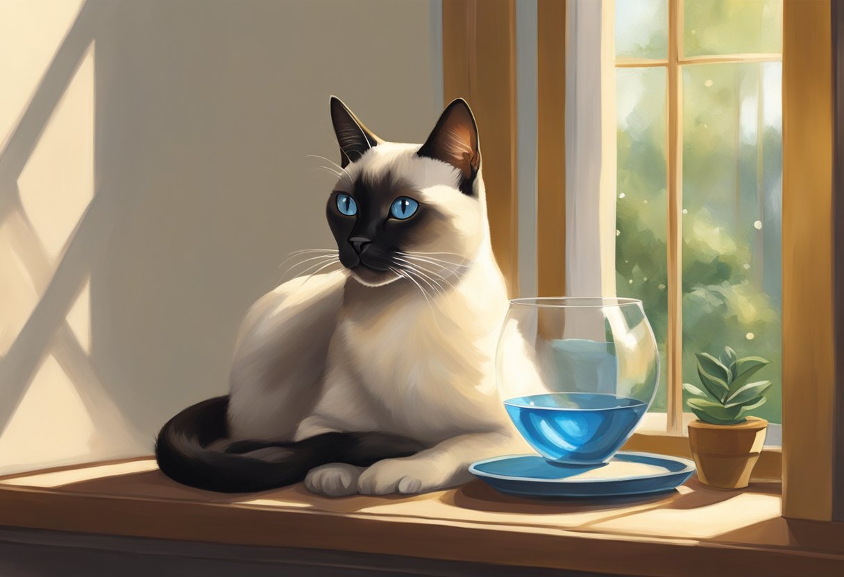 A Siamese cat lounges on a cozy window perch, basking in the warm sunlight streaming through the glass. A bowl of fresh water and a plush bed are nearby, creating a serene and comfortable environment