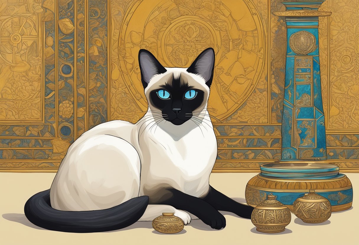 A Siamese cat lounges in a regal setting, surrounded by ancient artifacts and symbols of its royal heritage. The cat's sleek, elegant form exudes an air of grace and mystery