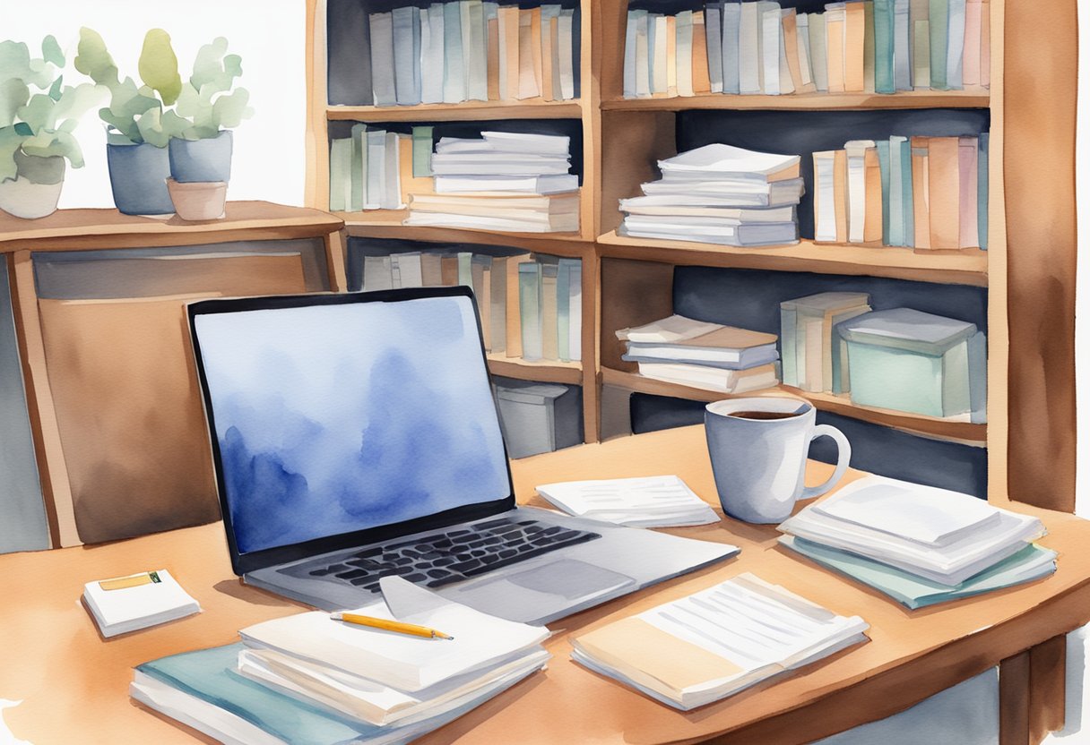 A desk with a laptop, stack of papers, and coffee mug. A bulletin board with submission guidelines and deadlines. A bookshelf filled with writing reference books