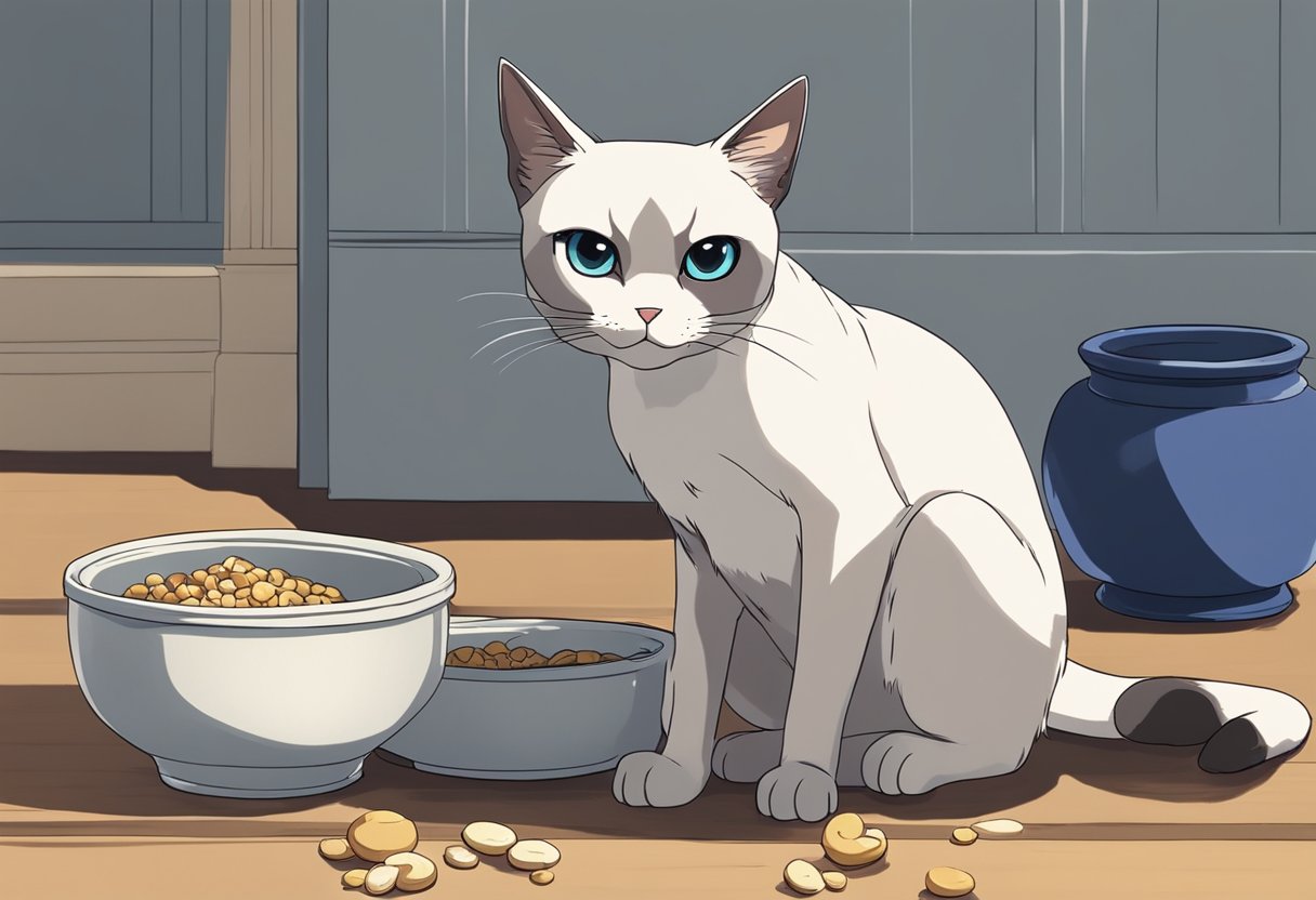 A Siamese cat sits with a distressed expression, scratching at its skin. Its food bowl sits untouched nearby, as the cat shows signs of an allergic reaction