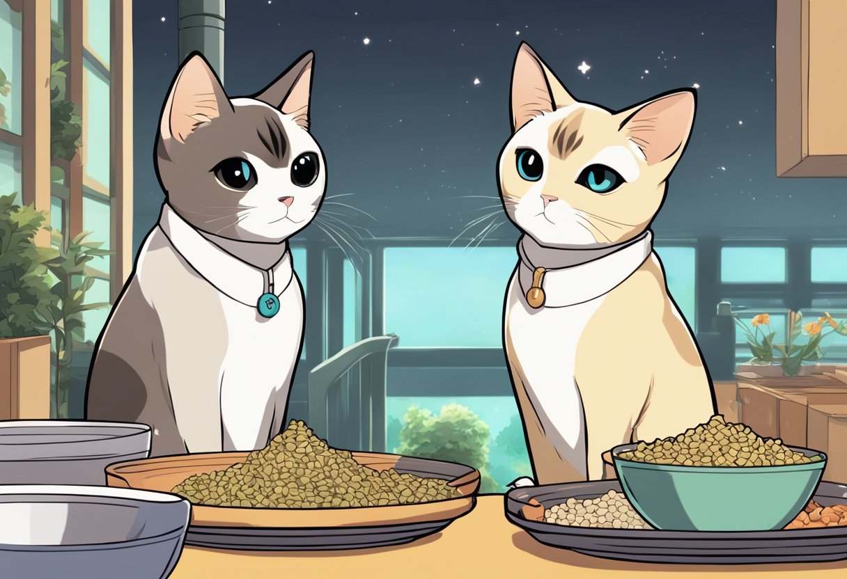 A Siamese cat eagerly sniffs two bowls of food, one labeled "Siamese Cat Food" and the other "Allergies." The cat hesitates, contemplating which option to choose for its diet