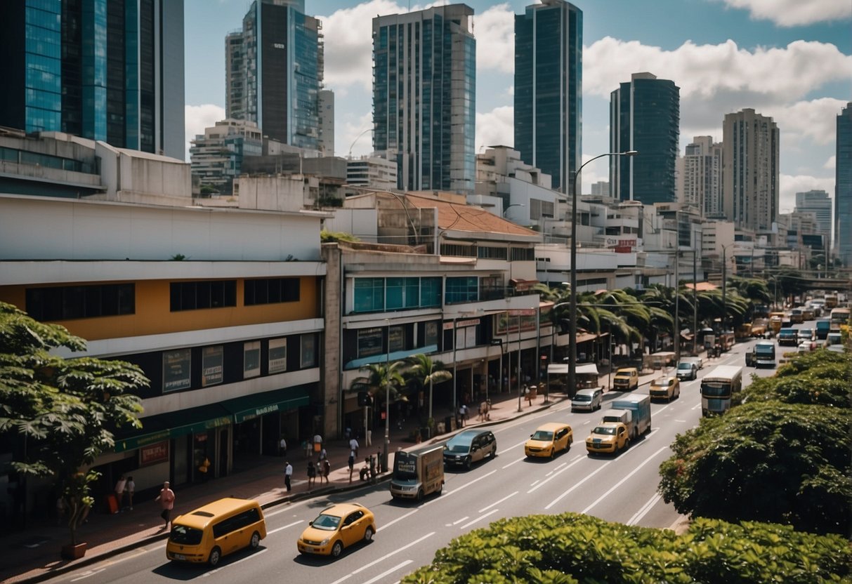 A bustling city street with modern buildings and vibrant signage, showcasing the growth of Healthtechs and Foodtechs in Brazil