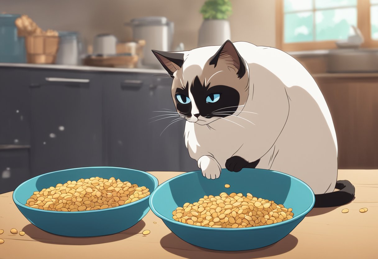 A Siamese cat sniffs at two bowls, one filled with dry food and the other with wet food. The cat's allergic reaction is evident as it sneezes and scratches at its ears