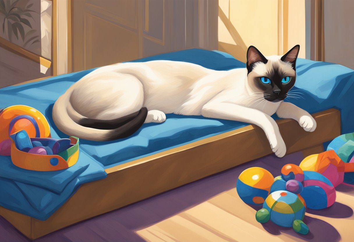 A Siamese cat lounges in a sunlit room, surrounded by toys and a comfortable bed. Its sleek, pointed fur and bright blue eyes convey a sense of elegance and intelligence