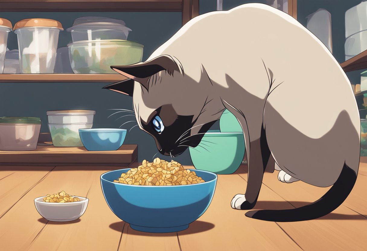 A Siamese cat sniffs a bowl of food while the owner watches closely, ready to intervene. Other cats are kept at a distance to prevent chaos
