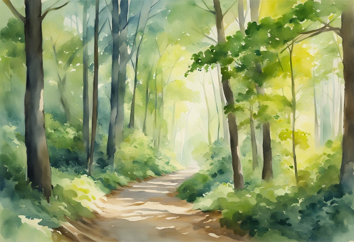 A vibrant forest with towering trees and lush foliage, dappled sunlight filtering through the branches onto a winding path