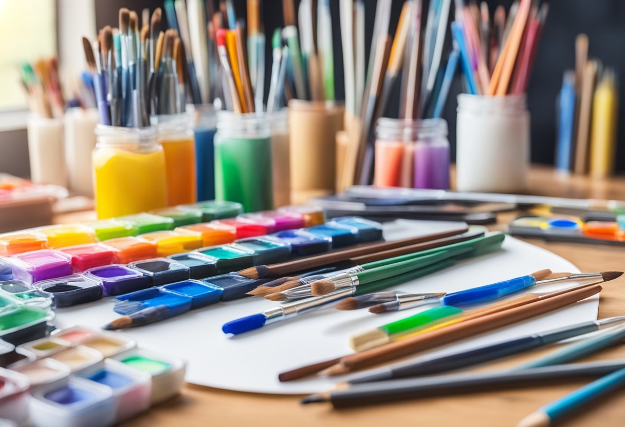 Various art supplies, such as paintbrushes, pencils, and markers, arranged neatly on a wooden table with a blank canvas in the background