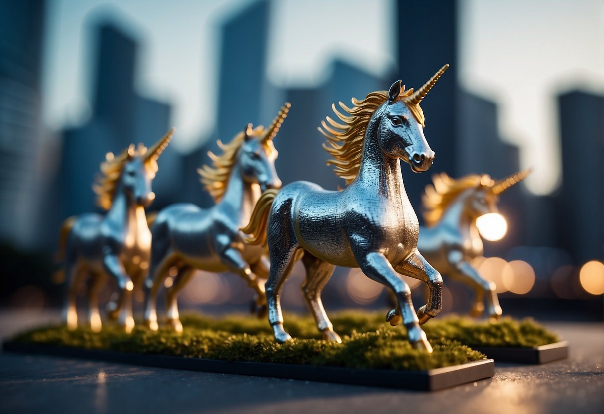 A group of Brazilian unicorns soar through a vibrant, futuristic cityscape, symbolizing the success and innovation of the country's top startups