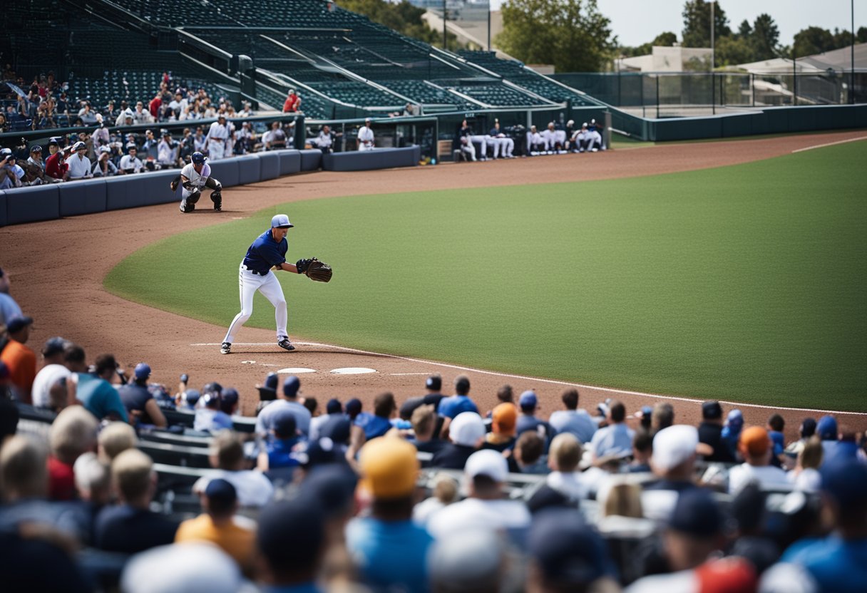 A baseball showcase with players warming up, coaches instructing, and fans cheering in the stands