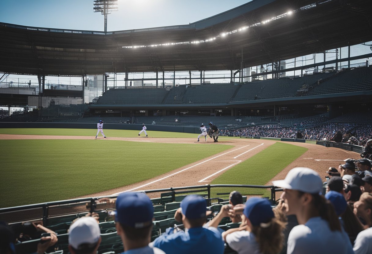 A baseball field with players showcasing skills in PBR Baseball Showcase. Fans cheer in the stands, while scouts observe from the sidelines