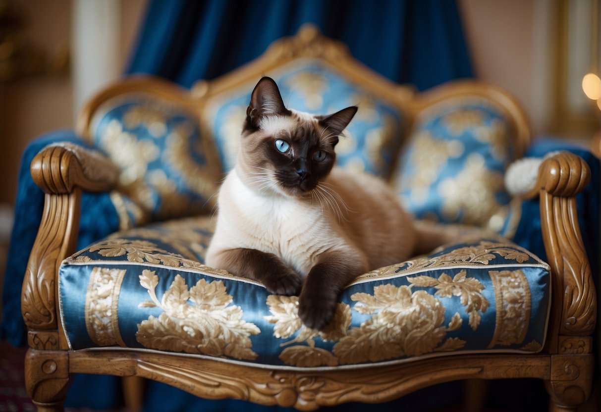 A Siamese cat sits proudly on a regal cushion in a grand, ornate room. Its piercing blue eyes and sleek, elegant form exude an air of aristocracy and grace