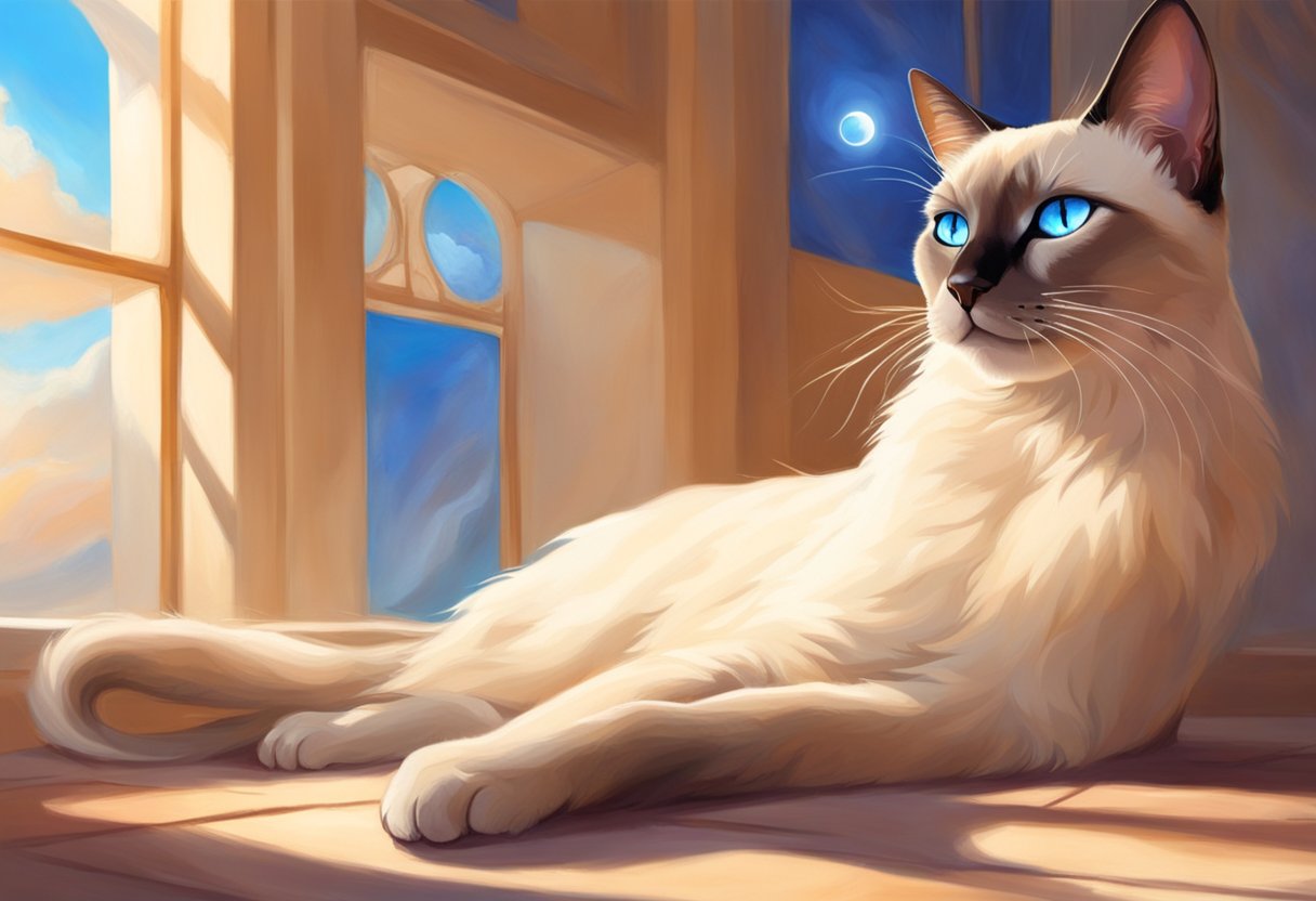 A male Siamese cat lounges in a sunlit room, with piercing blue eyes and sleek, cream-colored fur
