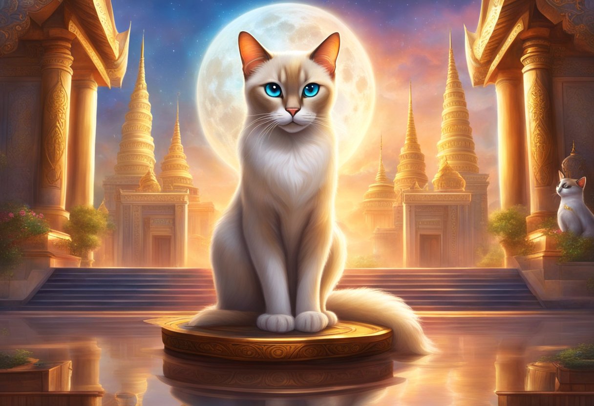 A regal Siamese cat stands proudly in front of a grand temple, symbolizing its legendary origins and historical significance