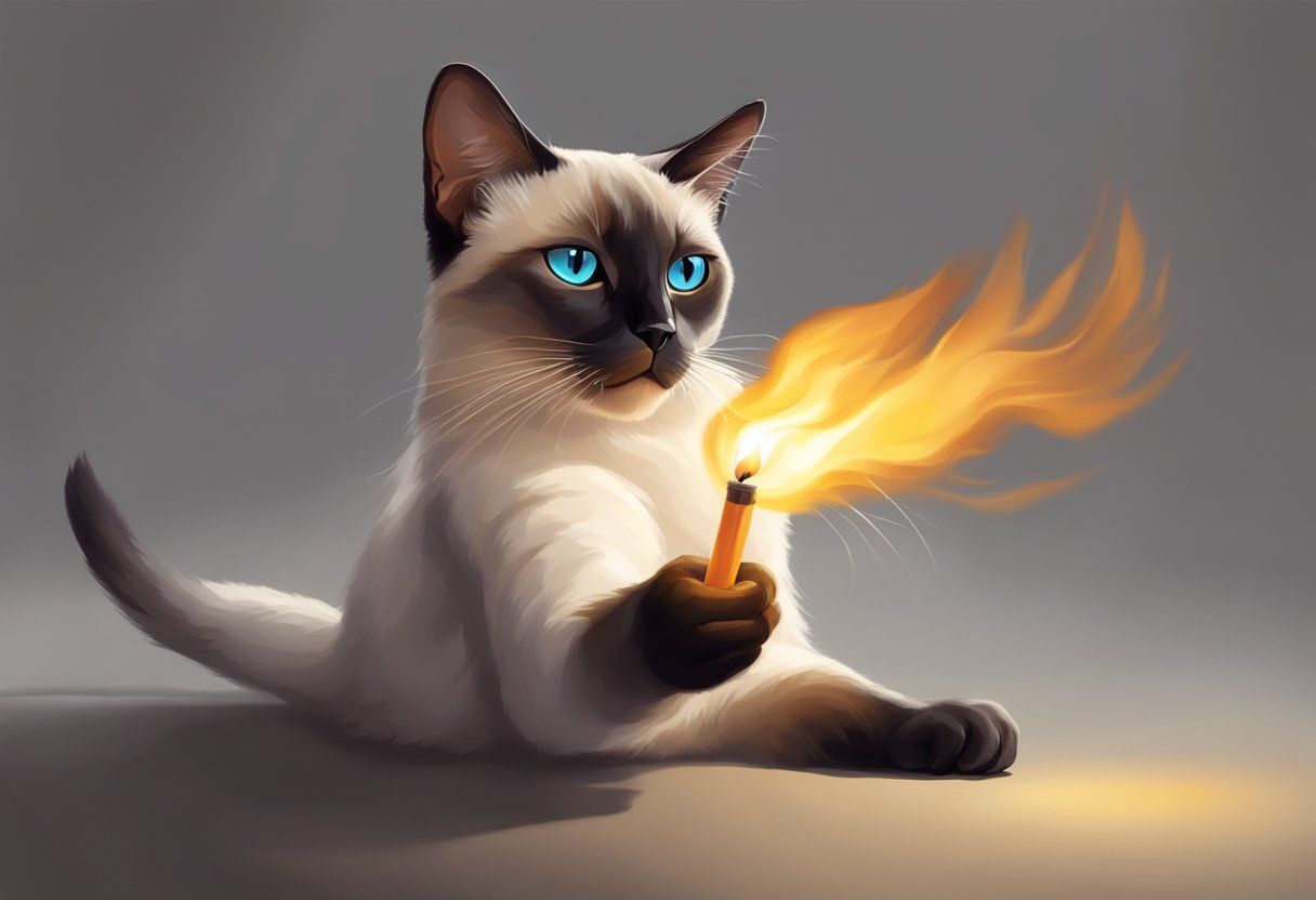 A Siamese cat ignites a lighter with its paw