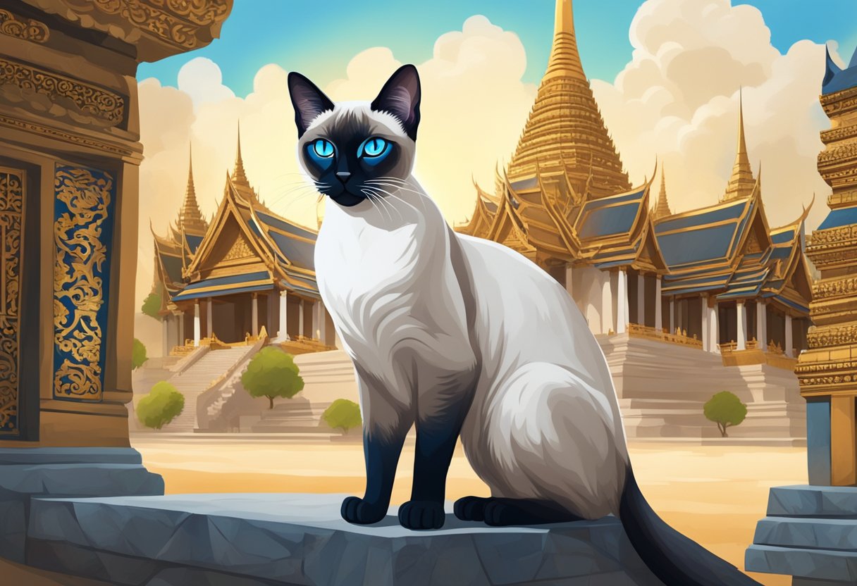 A Siamese cat with striking blue eyes stands against a backdrop of ancient Thai temples, symbolizing its origins and history