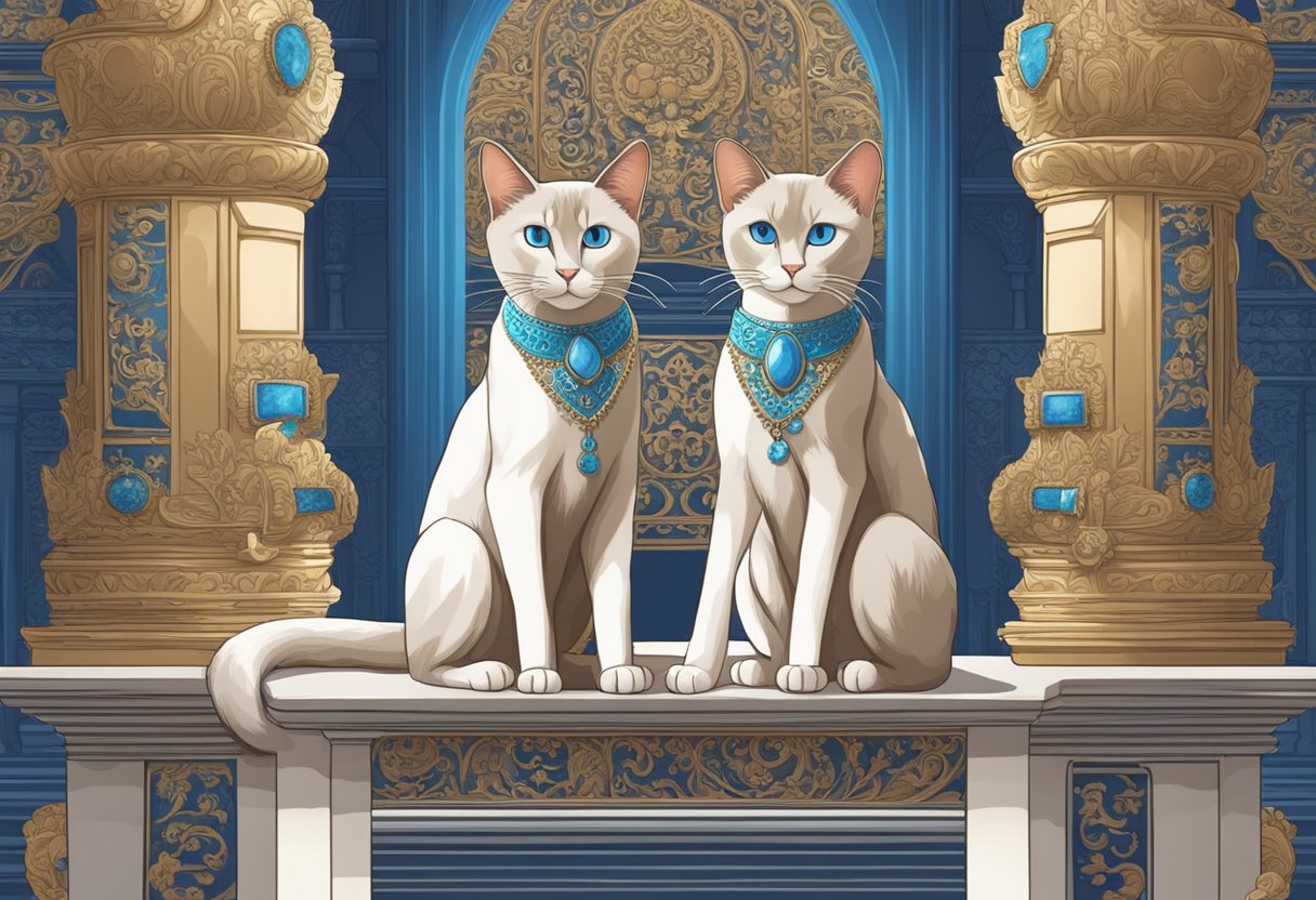 Two Siamese cats sitting on a pedestal in a grand palace, surrounded by ornate decorations and ancient artifacts. The cats are gazing at each other with intense blue eyes