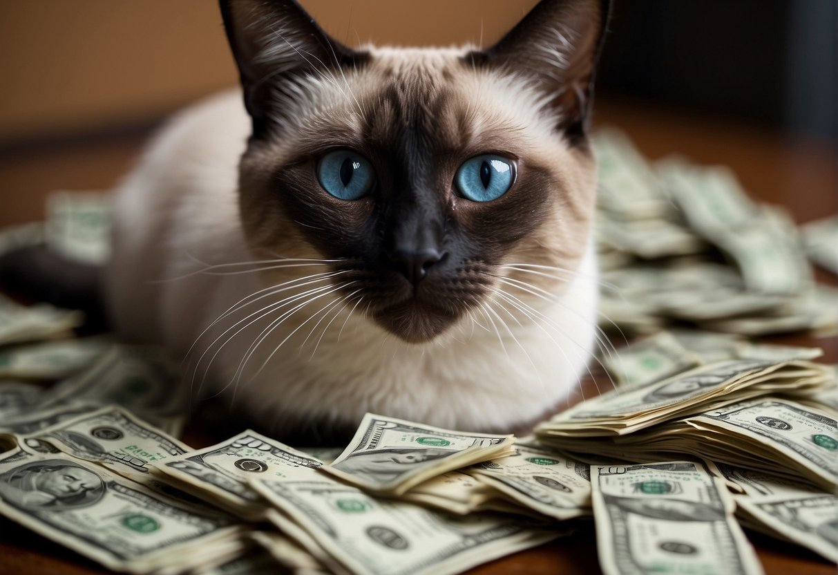 A Siamese cat with wide eyes and open mouth, surrounded by scattered dollar bills and a shocked expression on its face