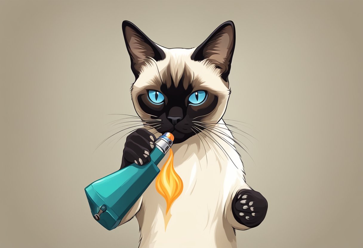 A Siamese cat playing with a lighter, batting at it with its paws