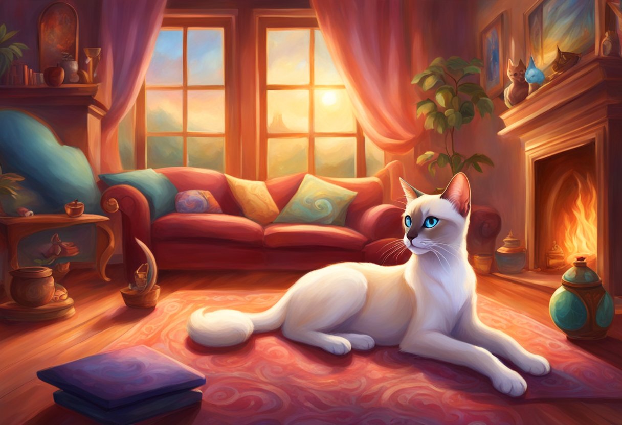 A male Siamese cat lounges comfortably in a cozy living room, surrounded by family members engaging in various activities