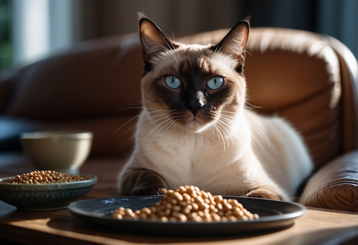 A Siamese cat lounges on a luxurious cushion, surrounded by bowls of premium cat food and a sleek water fountain