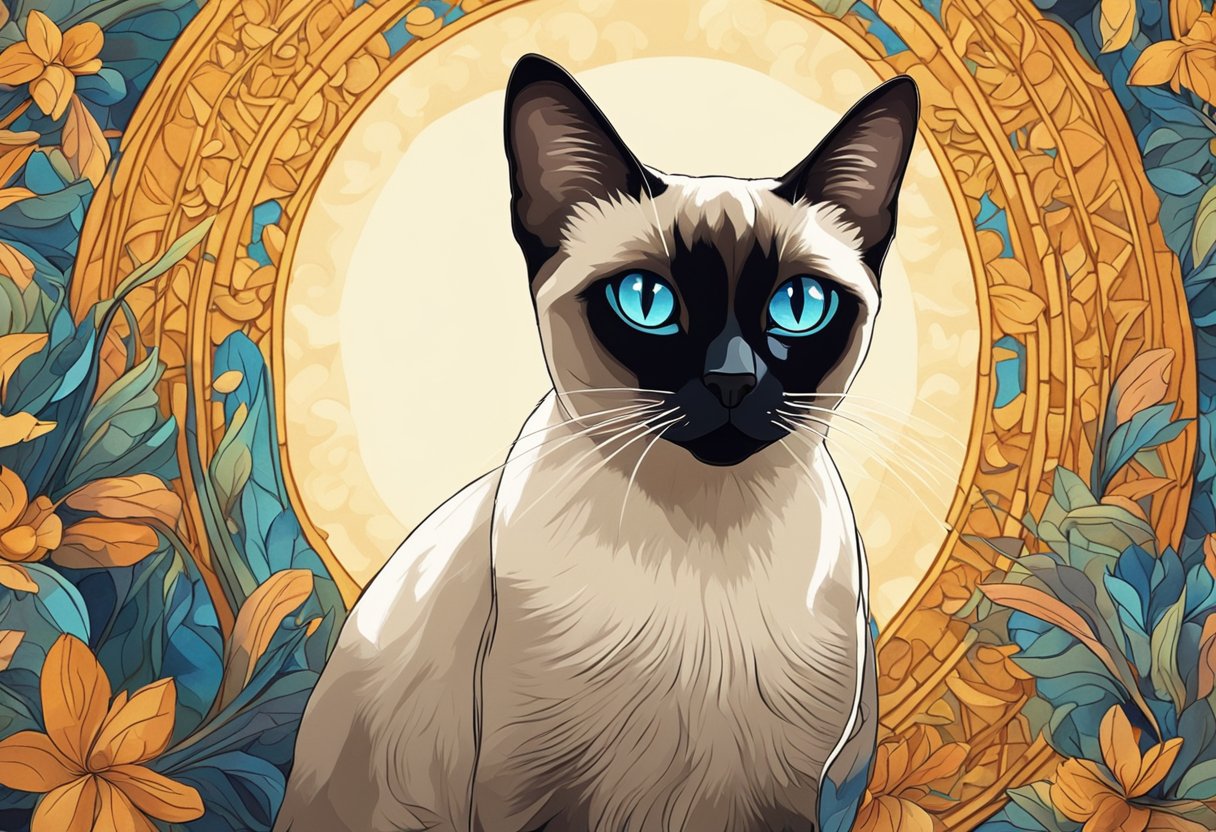 A Siamese cat sits in front of a vibrant tapestry, its eyes fixed on a flickering lighter casting dancing shadows